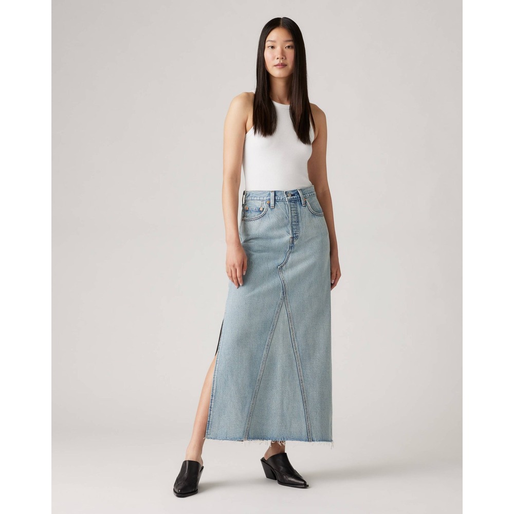 Levis Icon Denim Maxi Skirt Womens 24 Light Wash High Waisted Raw Hem Side Slit